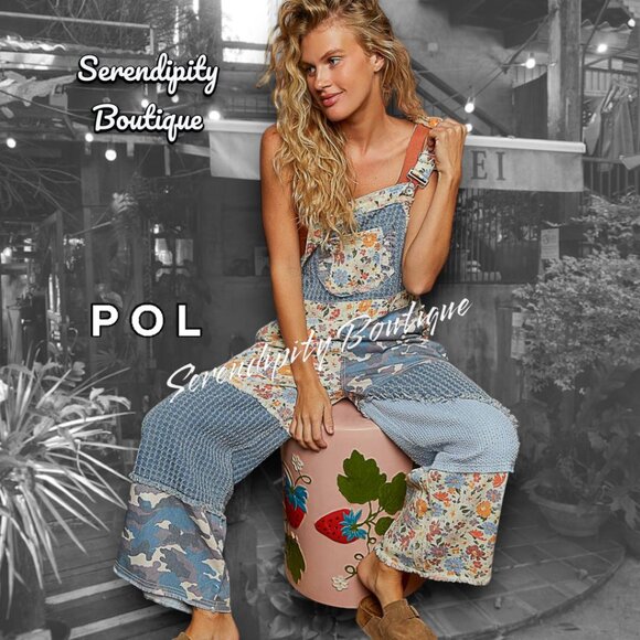 POL Boho Farm Girl Mixed Fabric Cotton Denim Floral Patch Suspender Strap Jeans - Picture 11 of 16